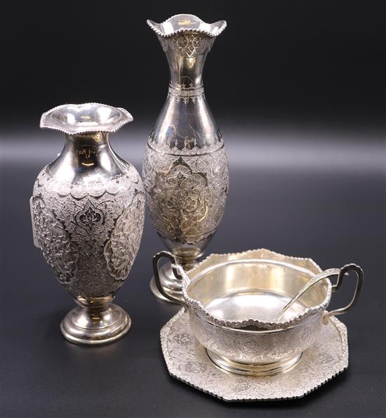 Two Persian white metal vases and a two-handled bowl on stand